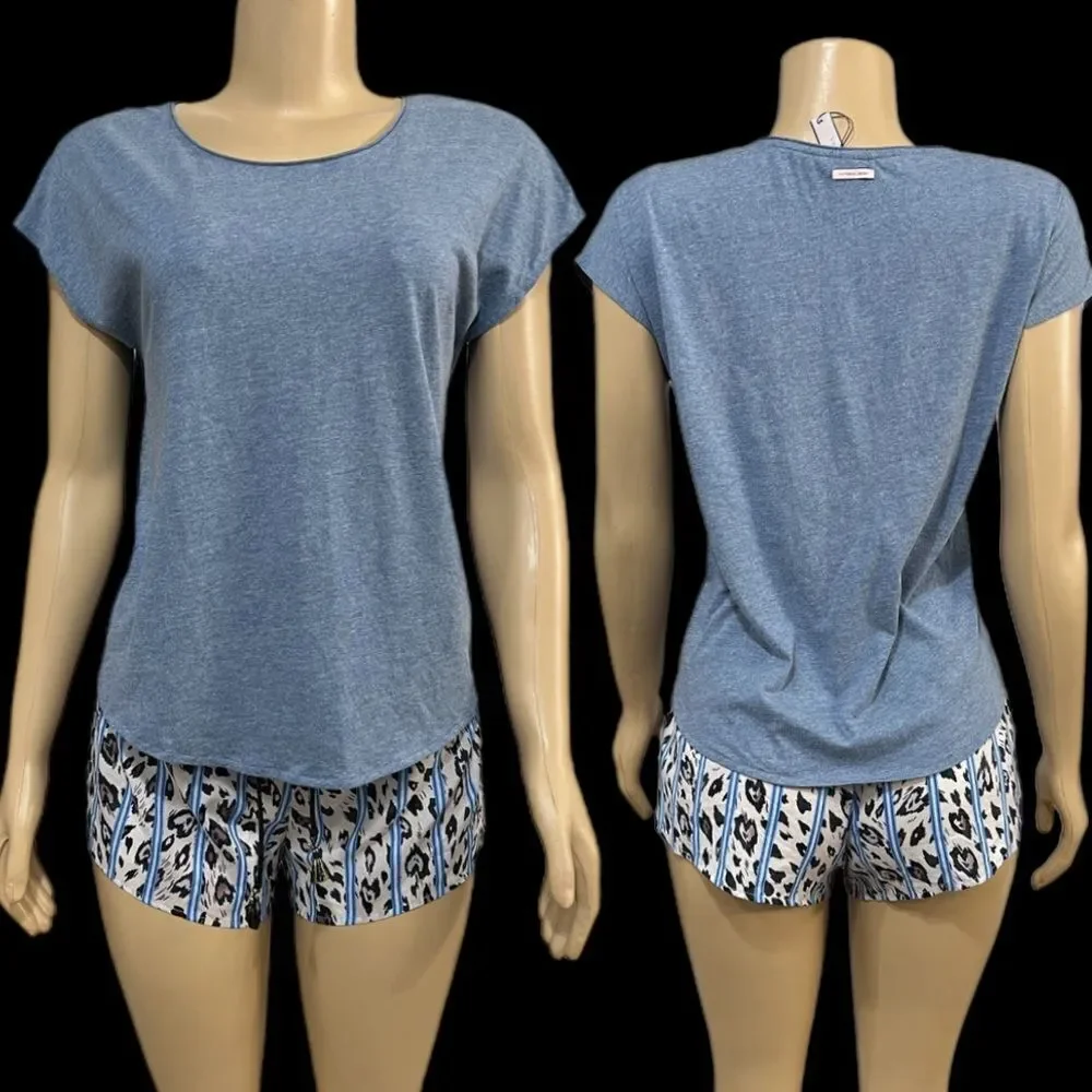 Victorias Secret Soft cotton top & animal print shorts pajama Set blue XSmall